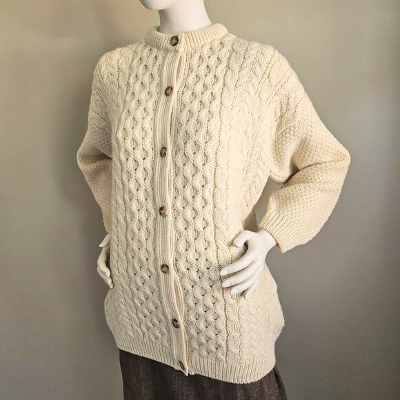 VTG Ivory 100% Wool Cardigan Chunky Fisherman Made in Scotland Cottage Womens M - Picture 7 of 10